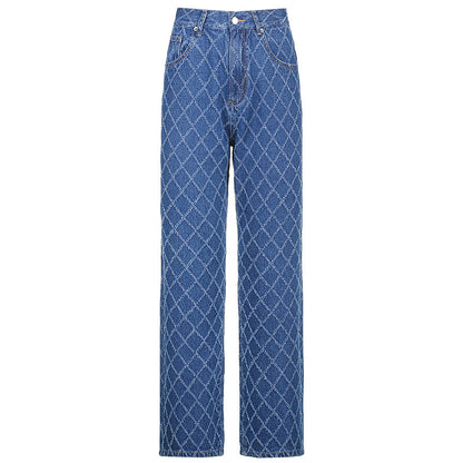 Rhombus Check Textured Straight Jeans