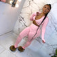 FQLWL Casual Summer 2 Two Piece Set Women Pink Outfit Long Sleeve Crop Top Leggings Women Joggers Matching Sets Ladies Tracksuit