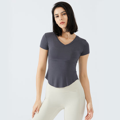 Pocket V-Neck Slim Sports T-Shirt For Women