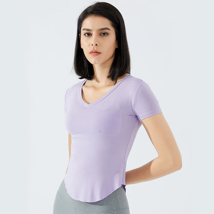 Pocket V-Neck Slim Sports T-Shirt For Women