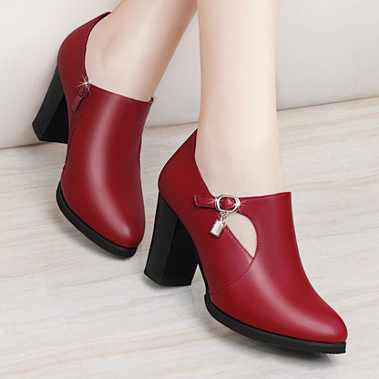 With all-match shoes 2021 spring new high-heeled shoes with thick women and middle-aged lady mother shoe leather shoes