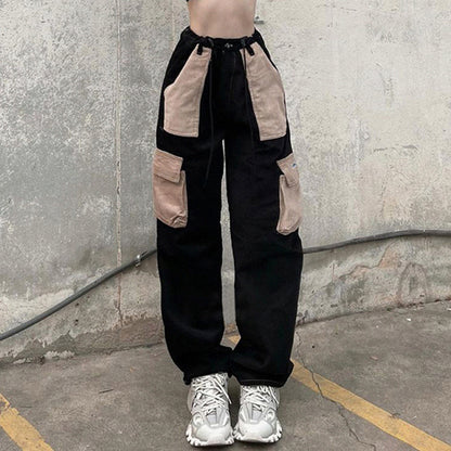 Women Khaki Pockets Wide Leg Drawstring Straight Vintage Casual Streetwear Joggers Trousers